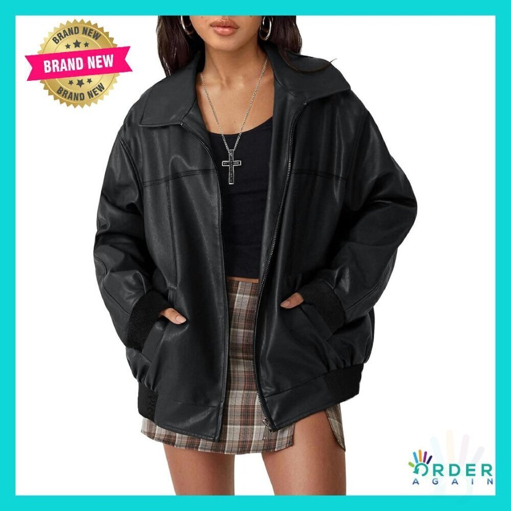 Oversized Faux Leather Motorcycle Jacket Zip Up Bomber Y2K Vintage Chic
